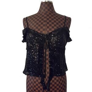 Black Sequin Crop Top Cami Bustier Size Large Glam Whimsigoth Vamp Baddie Party